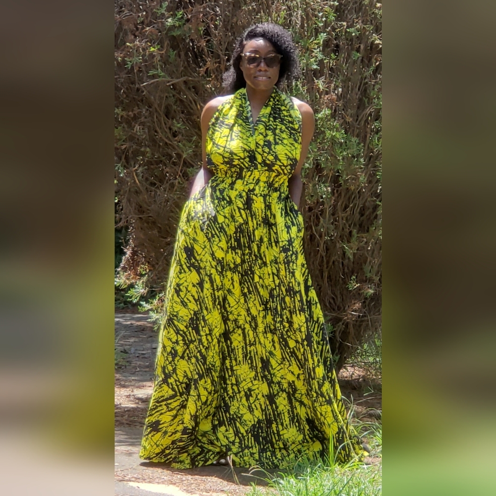 Elegant Yellow and Black Ankara Print Maxi Dress